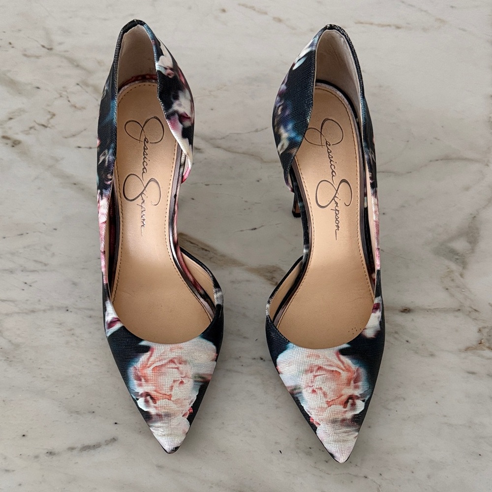 Jessica Simpson Black and Pink Floral Heels
